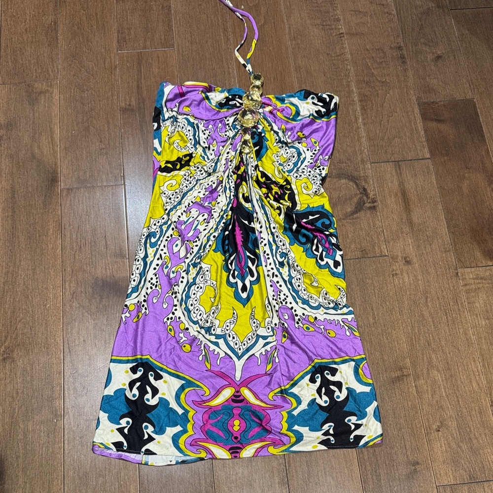 Sky Multicolor Patterned silk mini dress